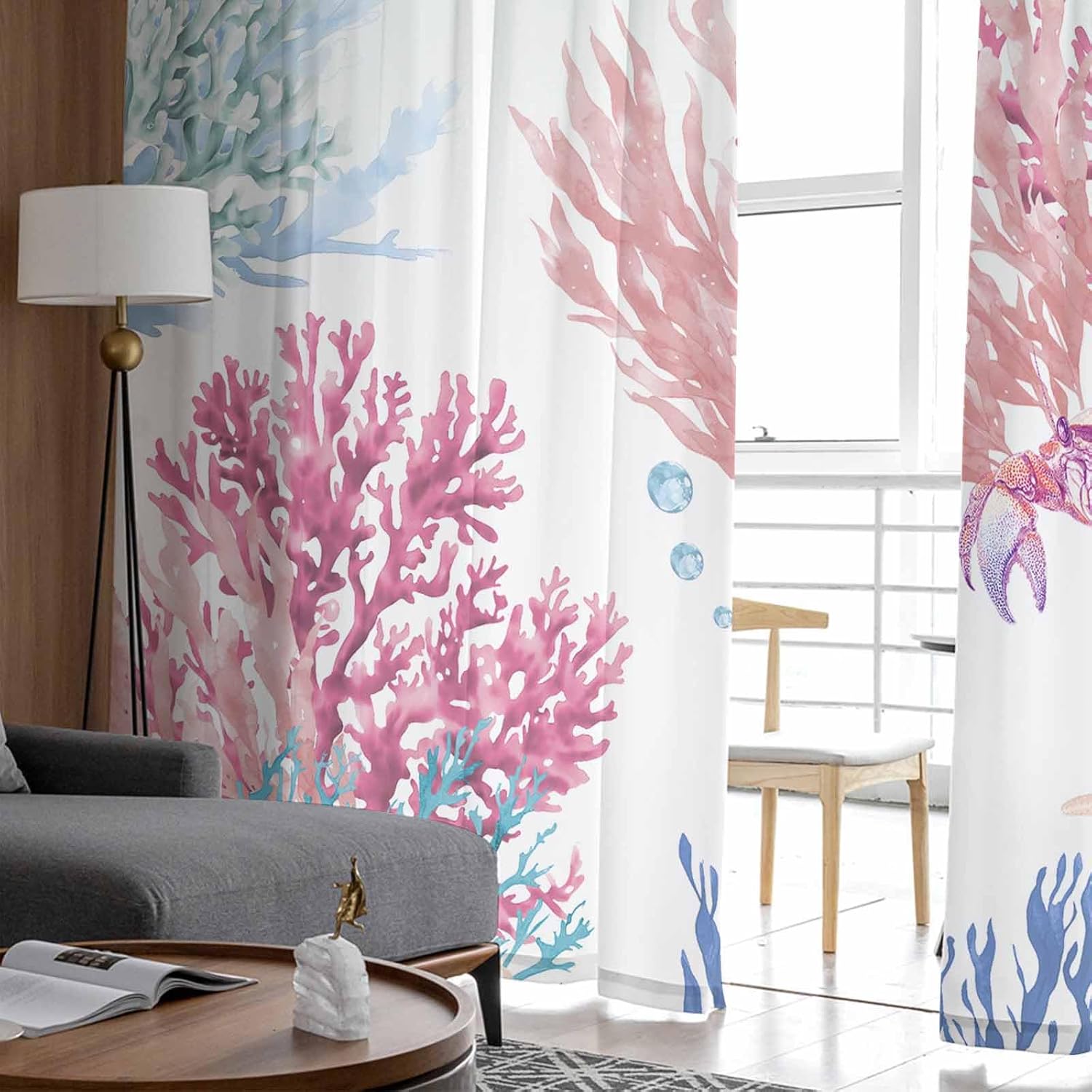 Semi Sheer Curtains for Windows, Coastal Marine Starfish Shell Crab Light Filtering Voile Drapes Ocean Colorful Coral Privacy Window Treatment for Bedroom Living Room Decor,72" Length 2 Panels Set