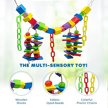 SunGrow Parrot Toy, 19 x 7.5, Colorful Wooden Beads and Metal Chain Link Hanger, Multicolored, 1 Pc per Pack