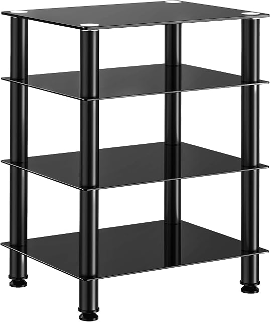 FITUEYES HiFi Rack AV Shelf 4-Tiers Glass TV Stand with Tempered Glass Media Storage Shelves Black