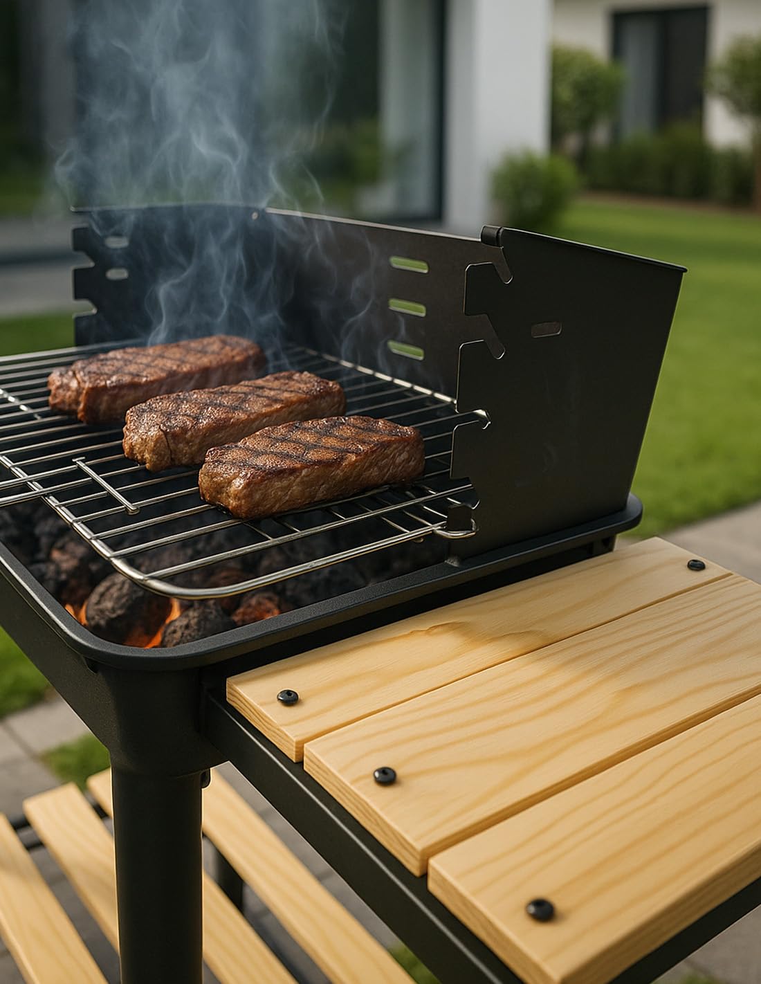 JARDIN202 - Barbacoa Rectangular de Carbón con Parrilla Cromada Arizona | Ruedas para Transporte | Bandeja de Madera | Grill Exterior | (Negro)