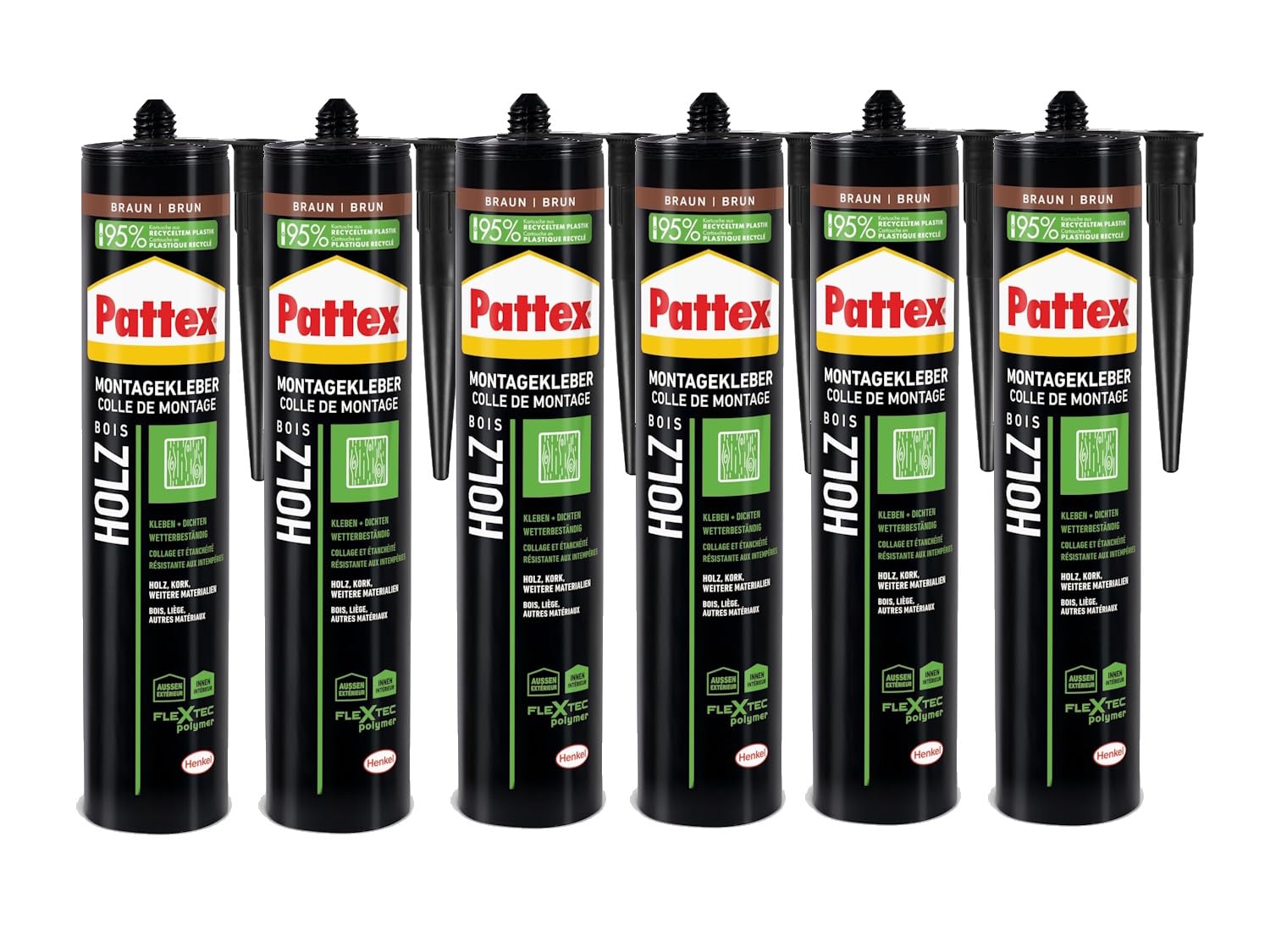 Pattex Montagekleber Holz, Kartusche, braun, 6x 420g | Spezialkleber für Holzarbeiten – starke Haftung & natürliche Optik