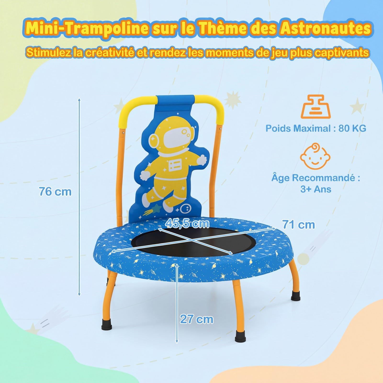 GYMAX Petit Trampoline Intérieur Extérieur pour Enfants 3 à 6 Ans, avec Poignée en Mousse, Tapis de Saut sans Entraves, Charge Max.80kg, Motif Ludique