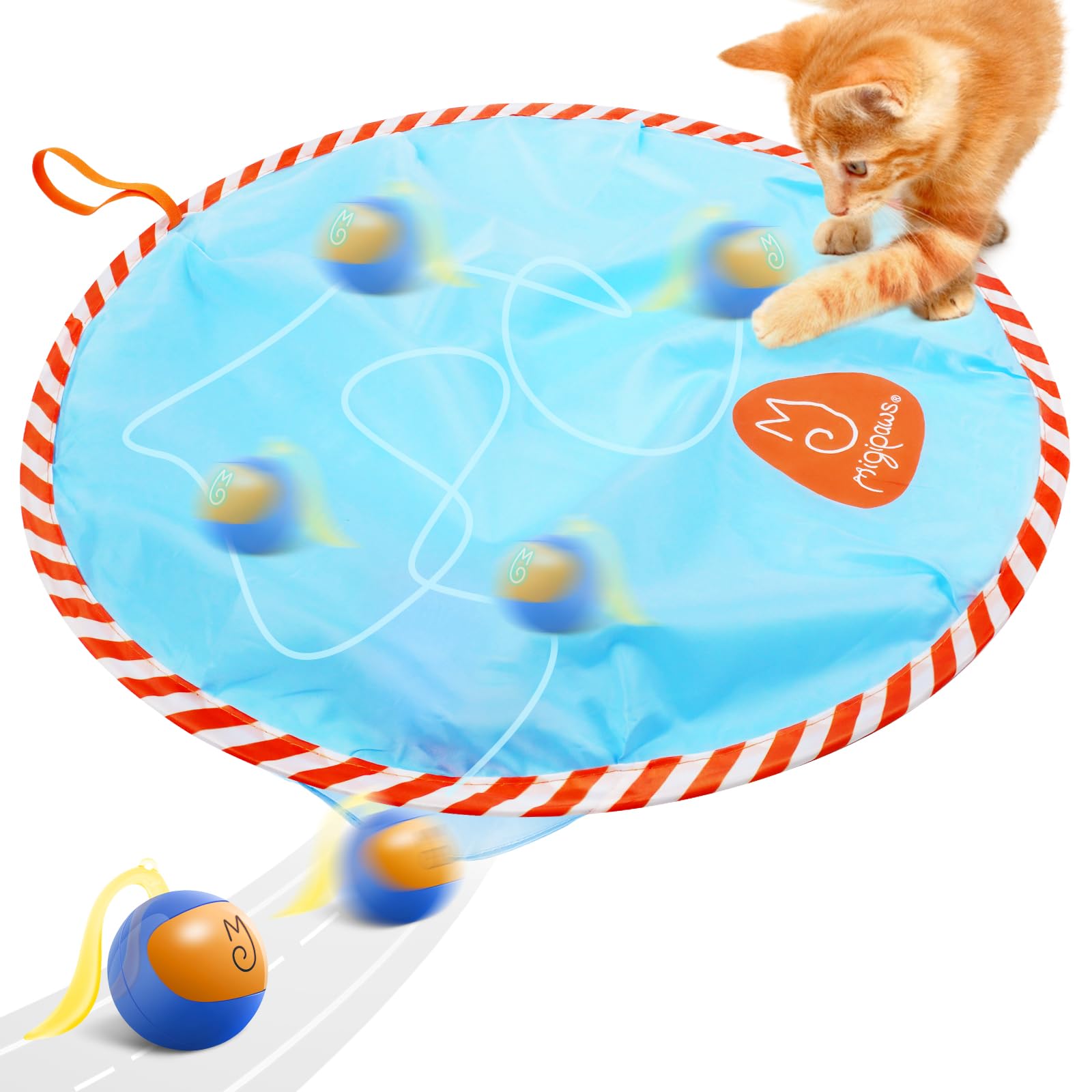Migipaws Interaktives Katzenspielzeug Set, elektrisch rollender Blinkender Ball versteckt Sich im Beutel, Jagenspaß genießen für gelangweilte Mieze