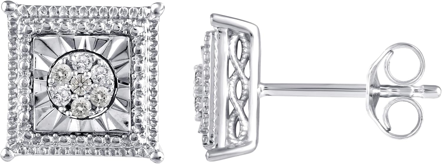 1/10 Carat Cttw Round Cut Diamond Stud Earrings for Women Girls sets in Rhodium Plated 925 Sterling Silver, Halo, Pave, Fashion Hypoallergenic Jewelry