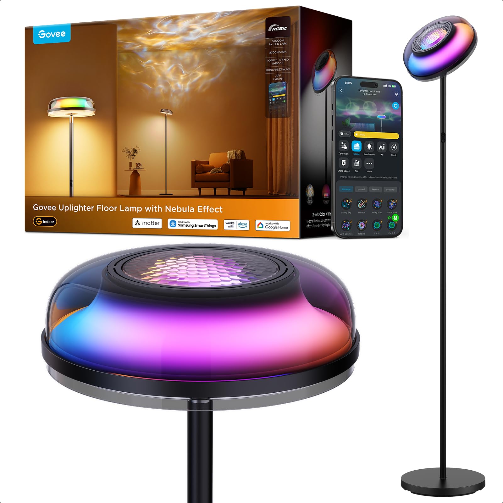 Govee Uplighter Lampada da Terra con Effetto Nebulosa, Separata Trizona Lampada Terra Dimmerabile, Luce Ondulata RGBIC Freddo-Caldo, 80+ Scene, 2700-6500K,1000lm,Compatibile Matter,170cm per Salotto