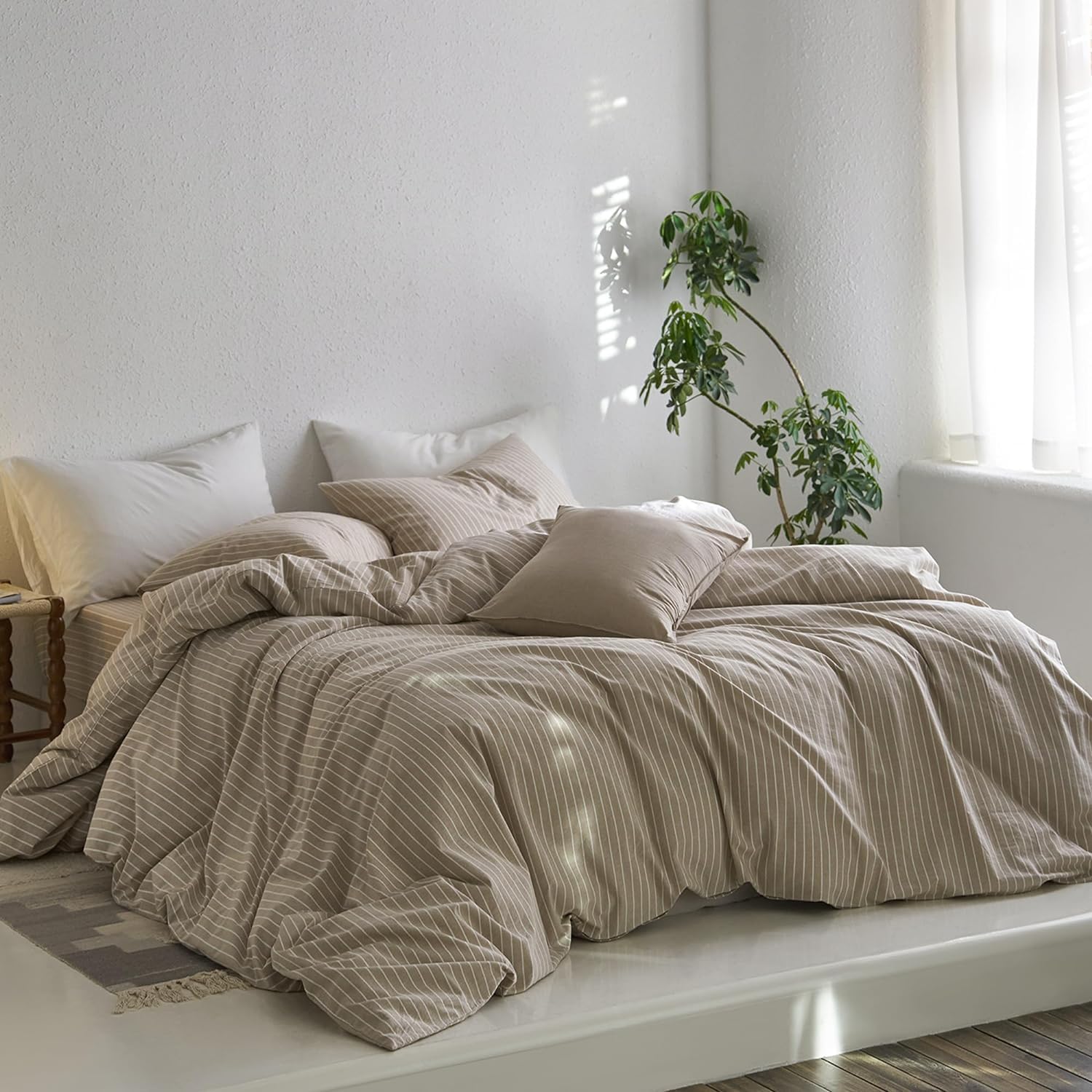 Sedefen Bettwäsche 220x240 cm Baumwolle Khaki Taupe Gestreift Baumwollbettwäsche Set,Renforce Bettbezug und 2 Kissenbezug 80x80cm mit Reißverschluss