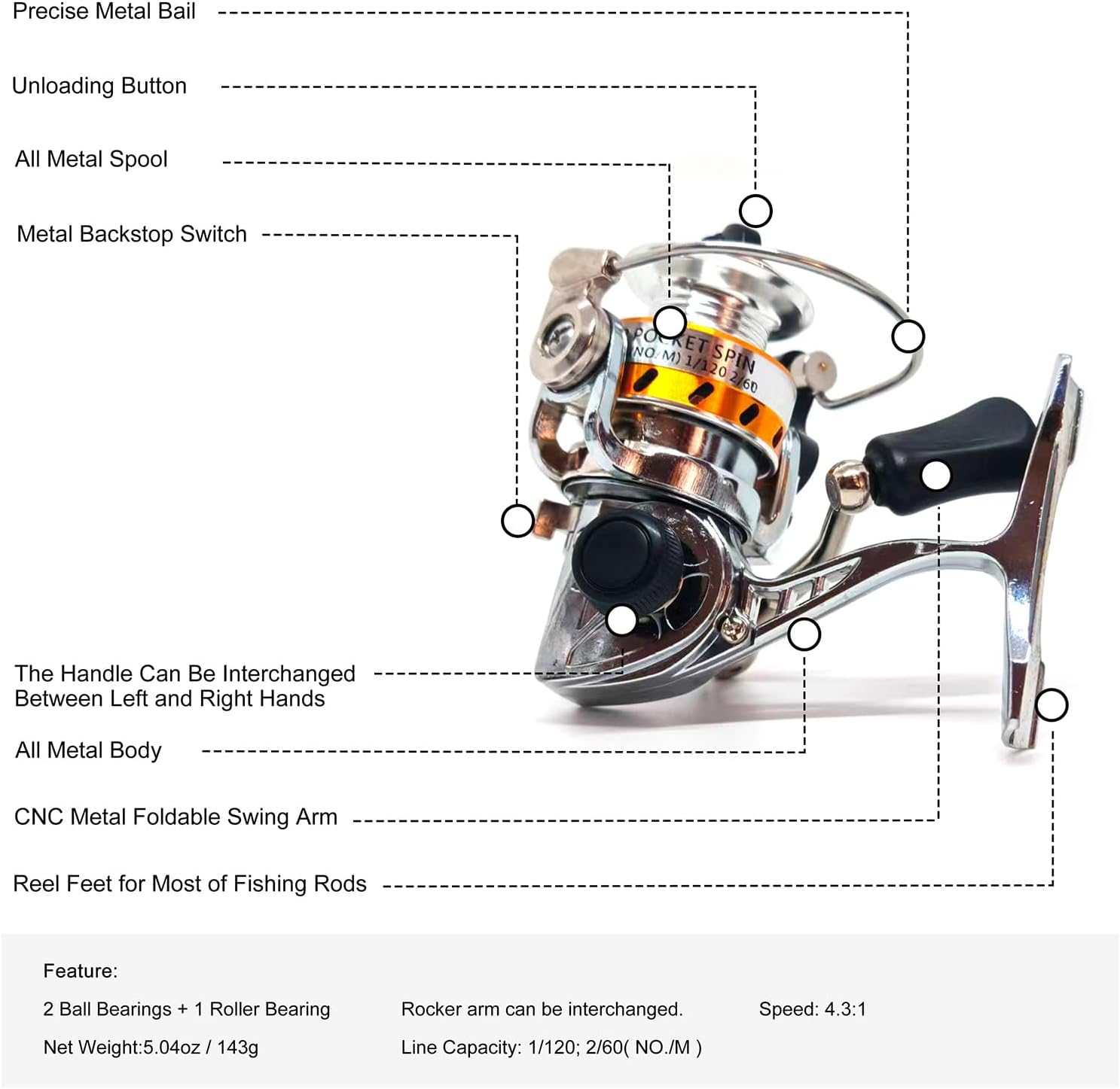 Micro Compact Spinning Reel, Mini 100 Metal Small Fishing Reel for Freshwater and All Season Fishing