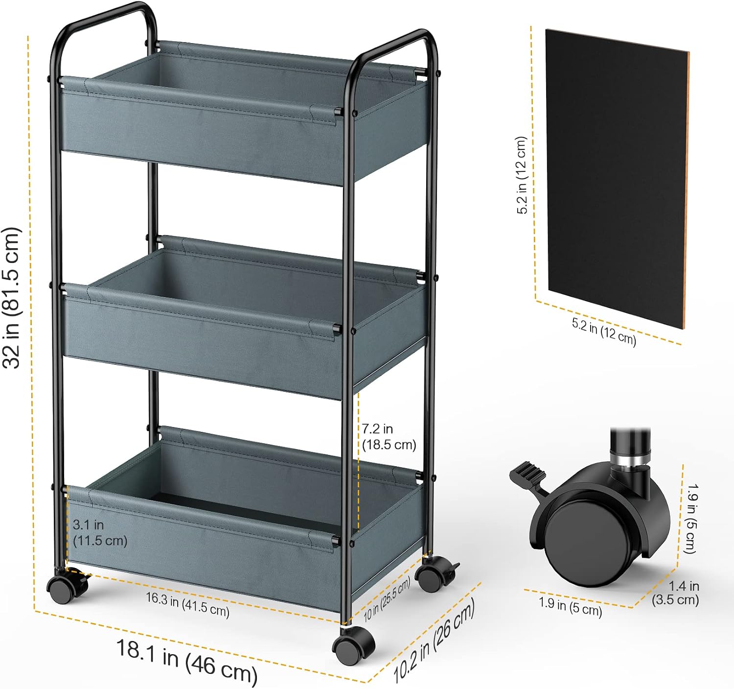 3 Tier Rolling Cart, YASONIC Storage Cart with Handle and Lockable Wheels, Multifunctional Metal Utility Cart with Skin-Friendly Fabric, Easy Assembly, for Kid’s Room, Nursery Room, Classroom, Gray