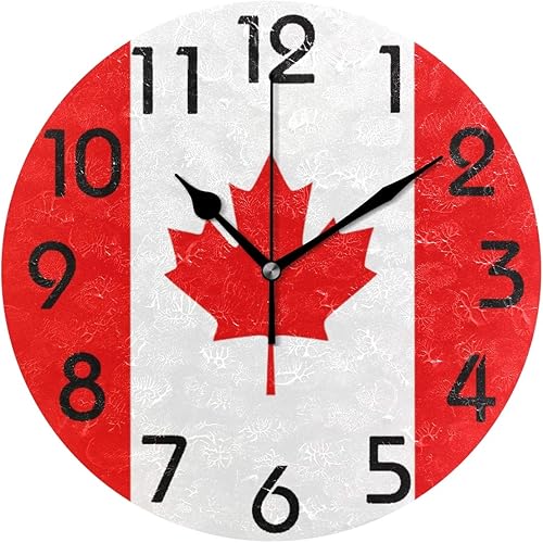 Naanle Elegante reloj de pared redondo con estampado de bandera de Canadá, 9.5 pulgadas, funciona con pilas, reloj de escritorio analógico