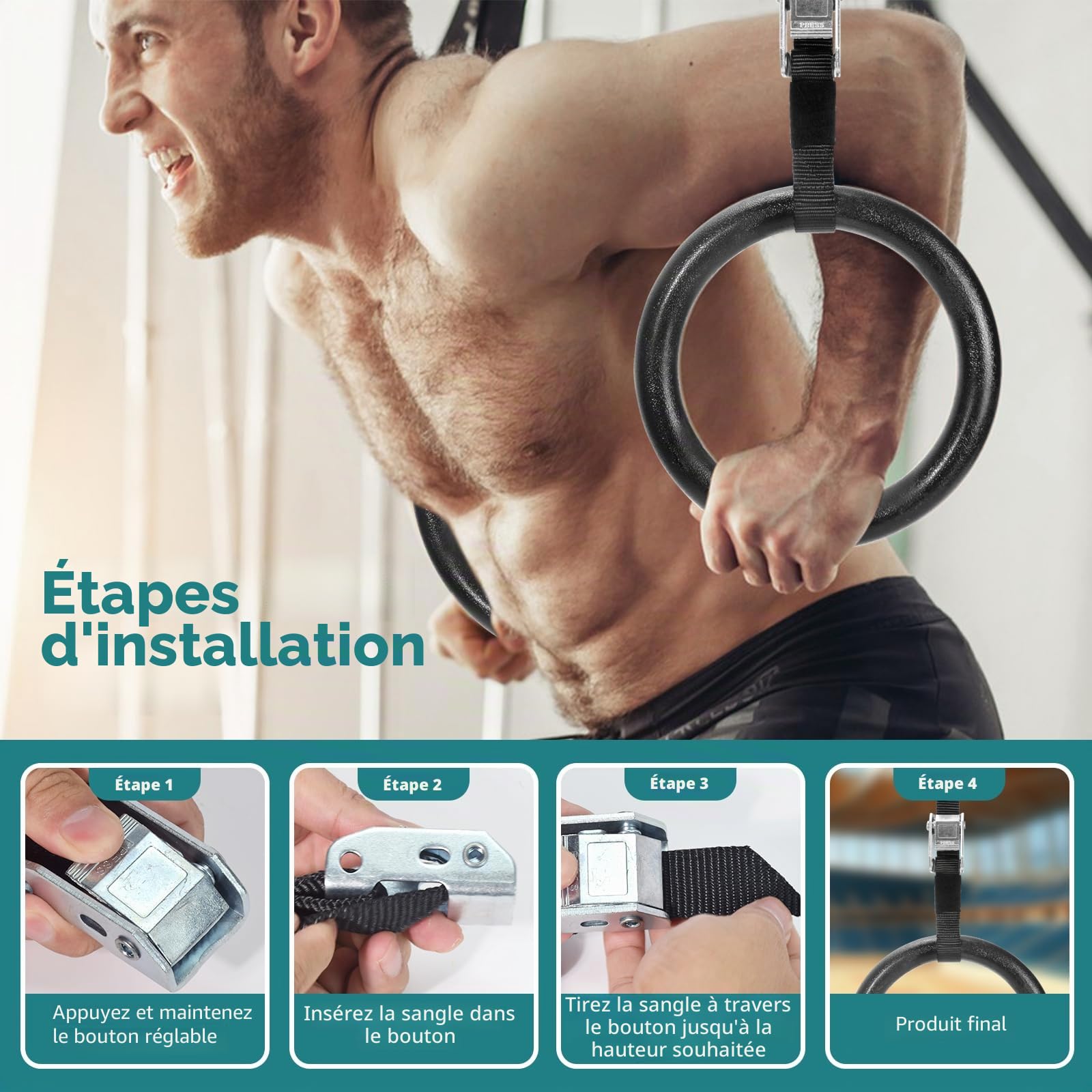 CIMOYBAI Anneaux de gymnastique en plastique ABS avec sangles réglables pour la pratique de la gymnastique, des tractions et de la musculation, diamètre 28 mm