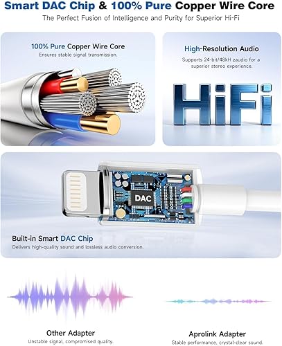 Miniatura 3 de Paquete de 3 adaptadores de conector de auriculares Lightning a 0.138 in con DAC, auricularesauriculares Hi-Fi Audio Dongle y cable auxiliar de
