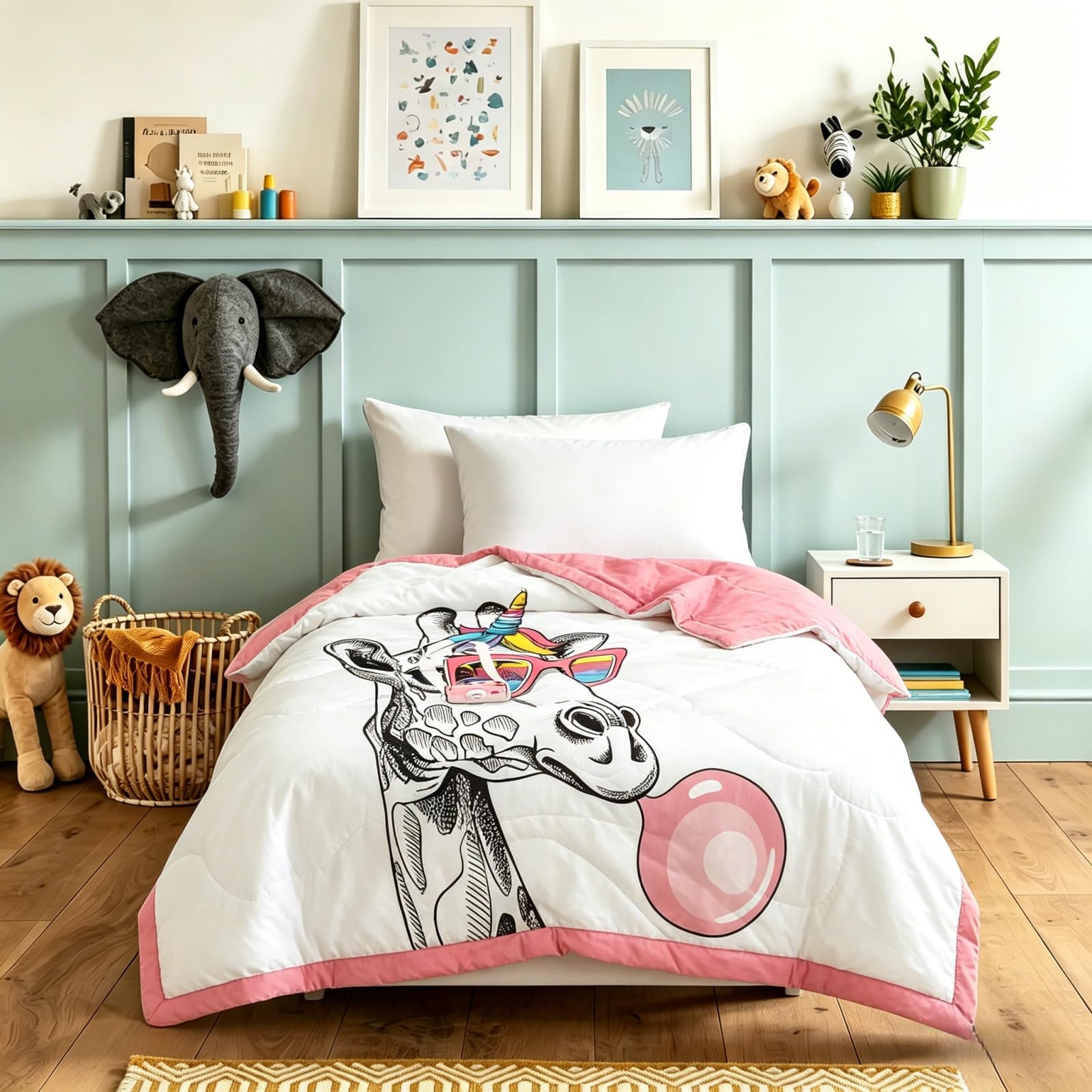 Odot Coverless Duvet Kids Toddler 2.5 Tog for Single, Summer Coverless Duvet No Cover Needed Lightweight Breathable Soft Cosy Cold Quilt Blanket for Boys and Girls (Black giraffe,120x150cm)
