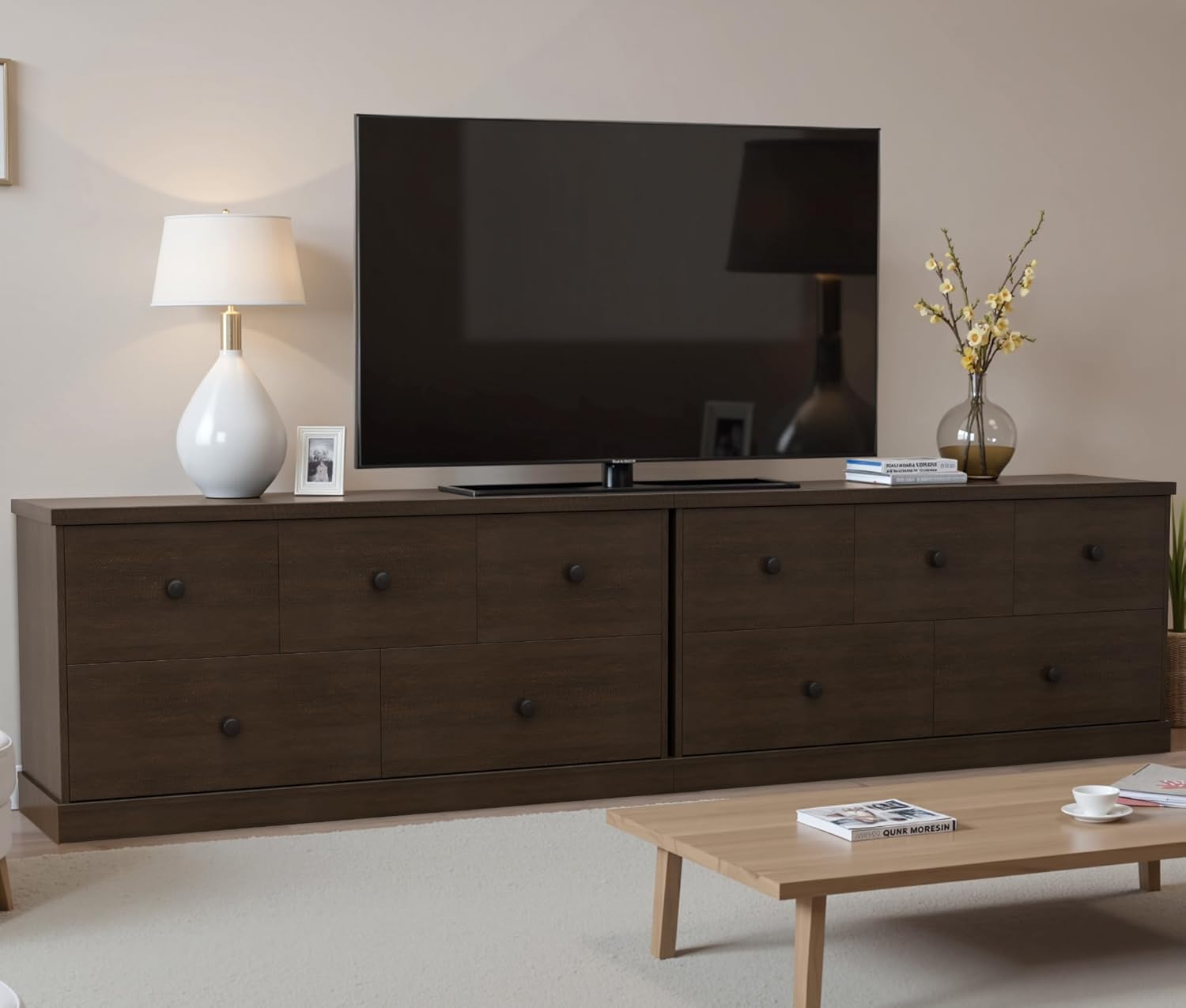 A YESHOMY dresser used as a TV stand in a living room setting, with a television placed on top.