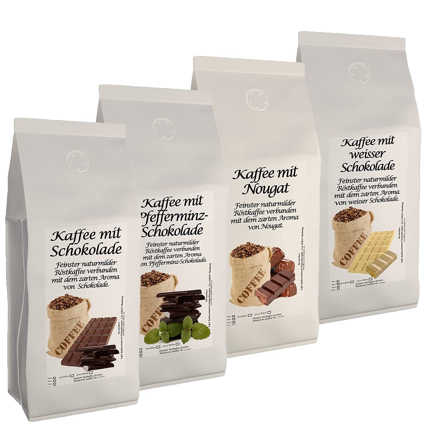 4 x 500g leckere, cremige, schokoladige Aromakaffee Sorten - Kaffee mit Schokolade, Nougat, Pfefferminz-Schokolade, Weiße Schokolade (Gemahlen)