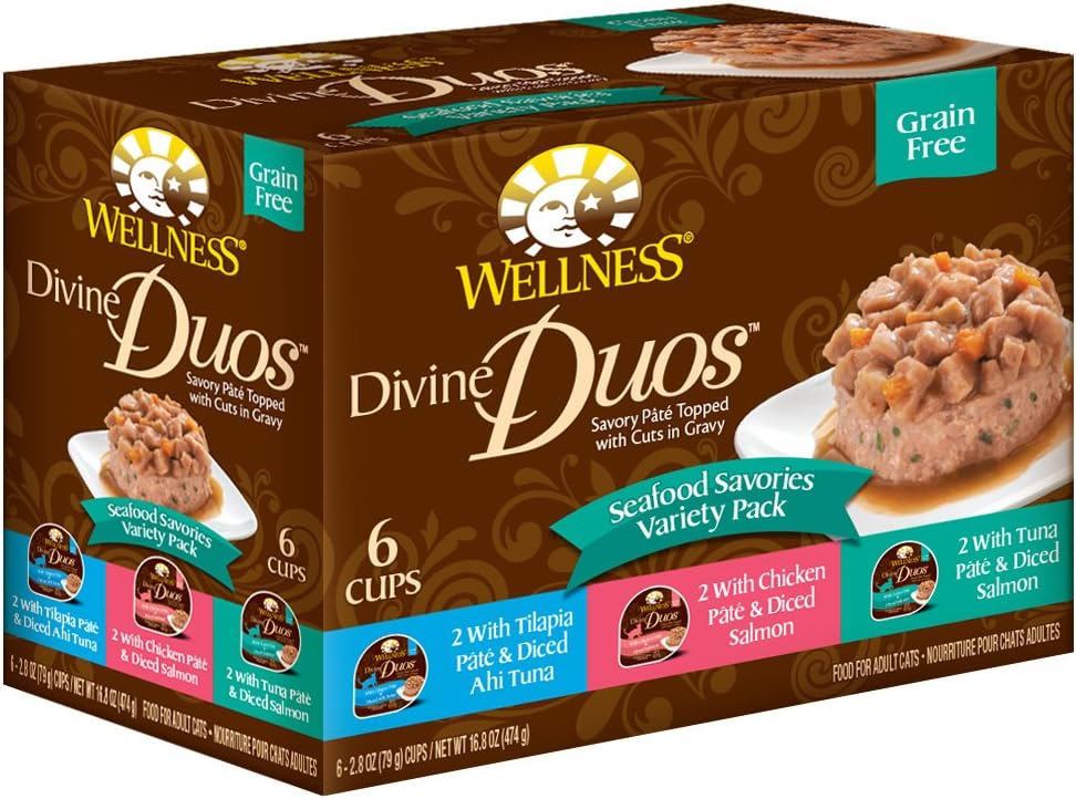 Wellness Divine Duos Grain Free Seafood Savories Variety Pack Natural Wet Cat Food, 2.8-Ounce Cup (Pack Of 24)