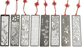 Metal Bookmarks 8 Pcs Hollow Art Stainless Steel Book Mark with Red Enless Knot, Bookmarks Gift for Men Women Book Lovers, Unique Book Marks Accessories