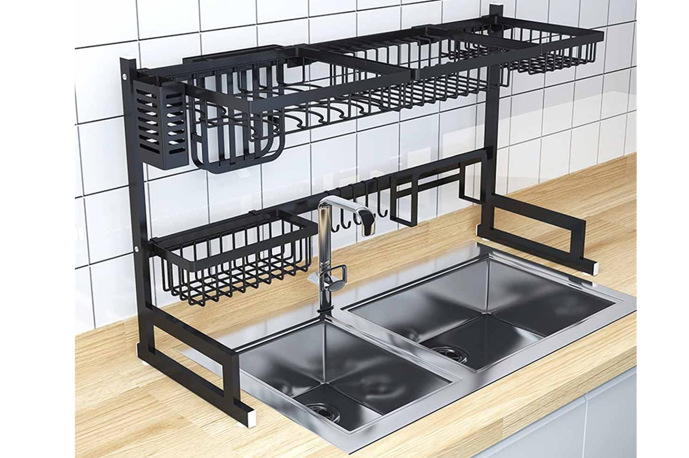 YASTA Scolapiatti da Appoggio Gocciolatoio Nero per Lavello Griglia Porta Utensili da Cucina Organizer Salvaspazio