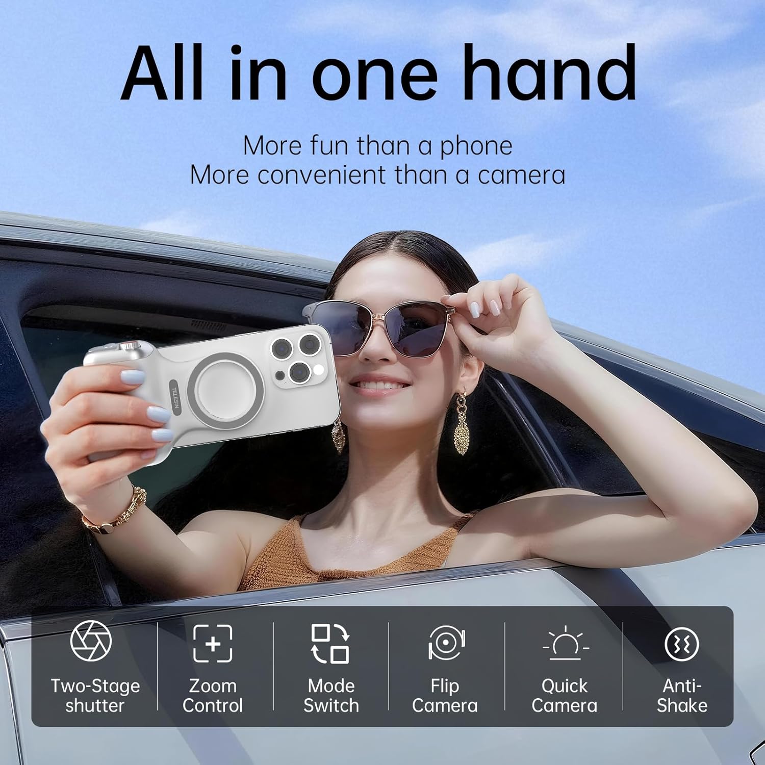 Bluetooth Camera Shutter Grip for iPhone Android 360°Rotation Wireless Phone Remote, Ergonomic One Handed Phone Grip with Shutter Button for Selfies, Vlogging, Travel & Content Creation