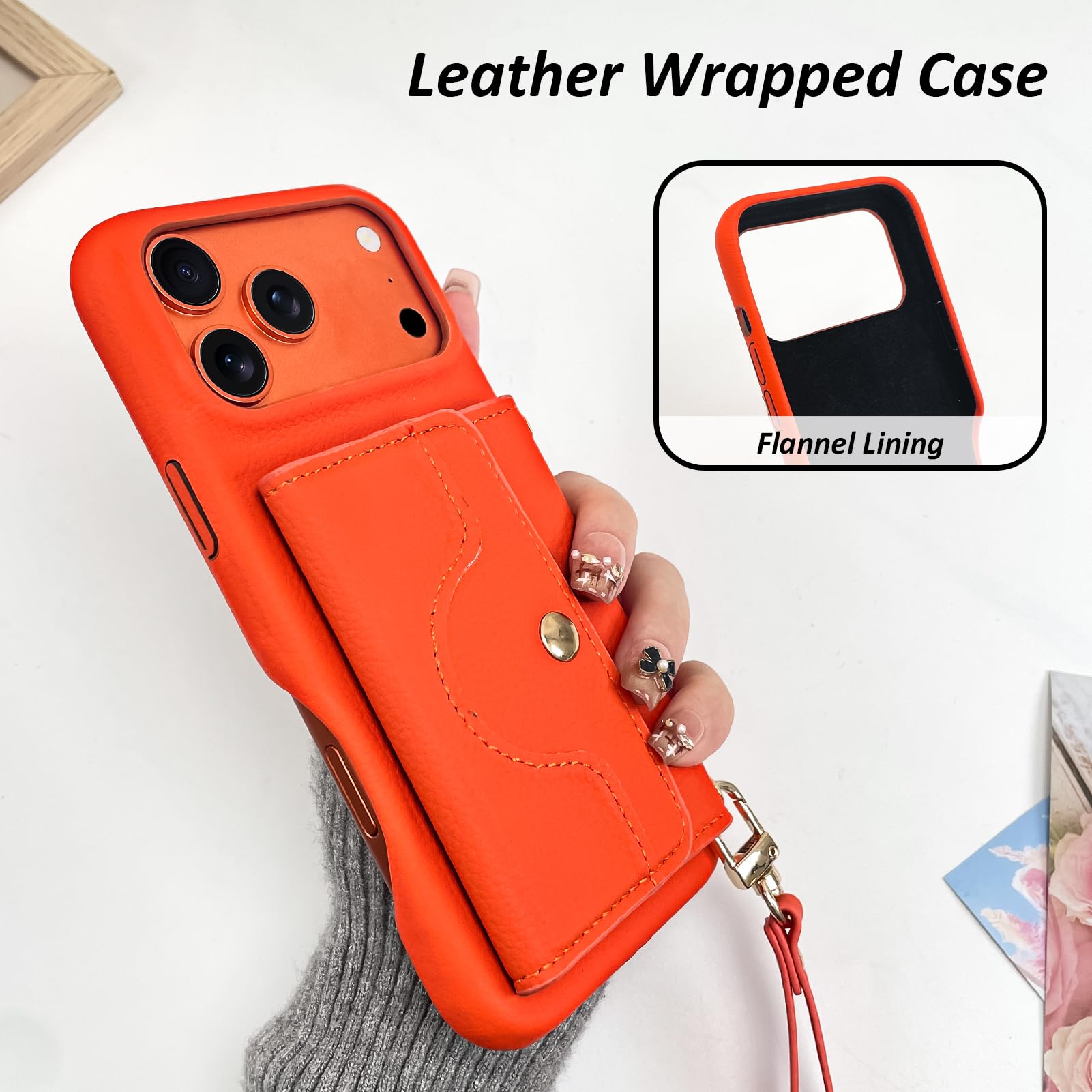 OOK Custodia a portafoglio per iPhone 17 Pro Max con porta carte di credito | Design multifunzionale con slot per schede, cinturino da polso, specchio nascosto, custodia protettiva sottile in pelle TPU