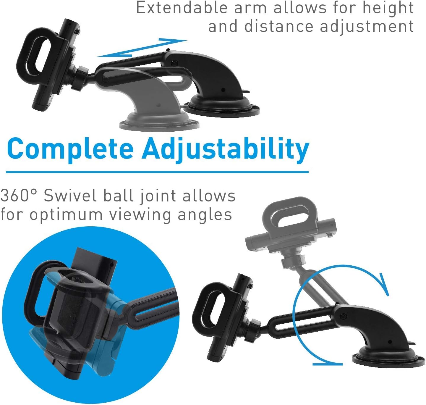 Macally Dashboard & Windshield Suction Cup Phone Mount Holder with Extendable Arm for iPhone 11 Pro Max XS X XR 8 7 7 Plus 6s Plus 6s 5s 5c Samsung Galaxy S10 S10E S9 S8 S7 Edge S6 S5 Note, etc.