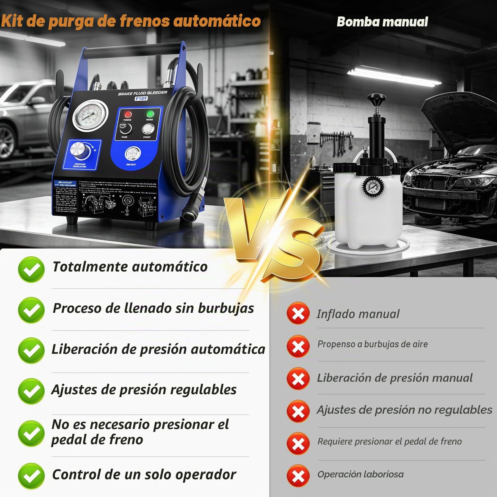 F109 Purgador de frenos de coche eléctrico con automático de un botón | Equipo cambiador de líquido de frenos por impulsos, 3 adaptadores de aluminio para depósito principal, regulable 0,5–2,5 Bar