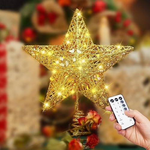YAUNGEL Christmas Tree Topper, Star Tree Topper with 40 LED and Remote Control Battery Operated Warm Lights Treetop Christmas Decorations Holiday, Indoor Home Decor, 10IN Gold