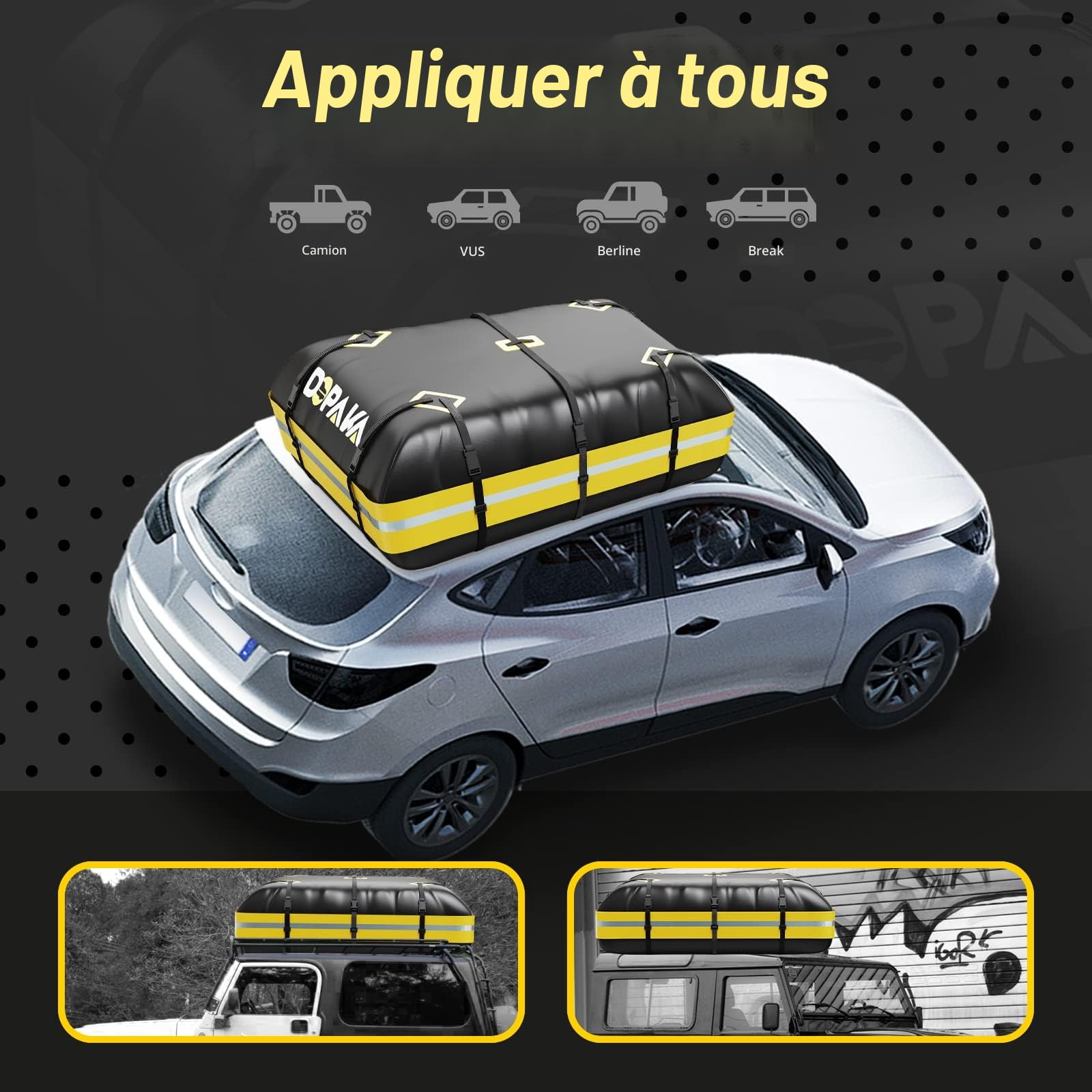 Coffre de Toit de Véhicule Sac de Toit Voiture pour Voyage Résistant aux Intempéries Matériau 1000D Pliable,Convient à Tous Les véhicules avec/sans Porte-Bagages