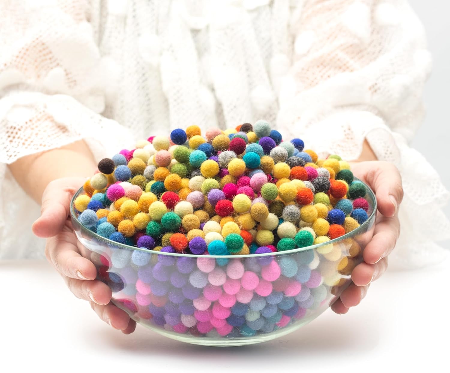 Glaciart One Felt Pom Poms, Wool Balls (2000 Pieces) 1 Centimeter - 0.4 Inch, Handmade Felted 40 Color (Red, Blue, Orange, Yellow, Black, Pastel and More) Bulk Small Puff for Felting and Garland