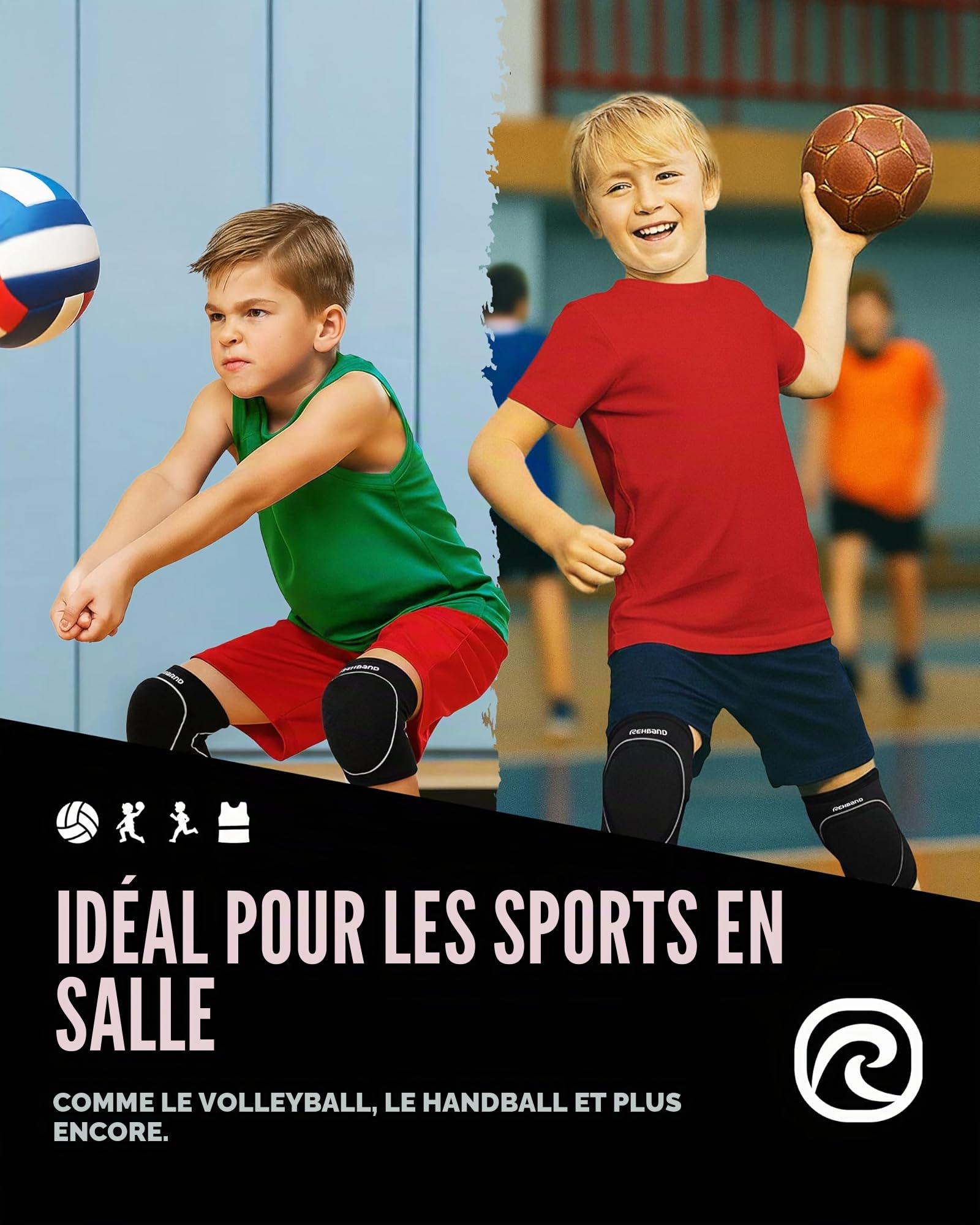 Rehband Genouillères pour enfants, 1 paire, genouillères pour volley-ball et handball - Confortable et haute protection, couleur : noir, taille L, côté : paire