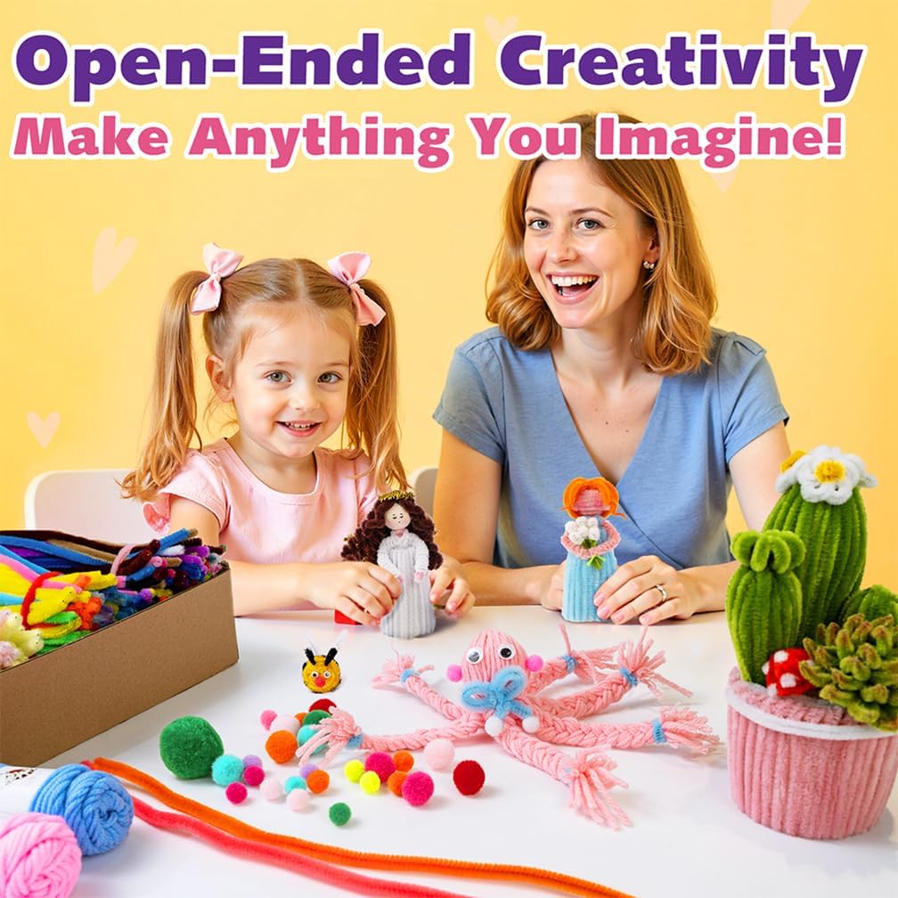 FUNSHOWCASE Craft Box with 1000 Supplies – Pipe Cleaners, Yarn, Pom Poms, Tools