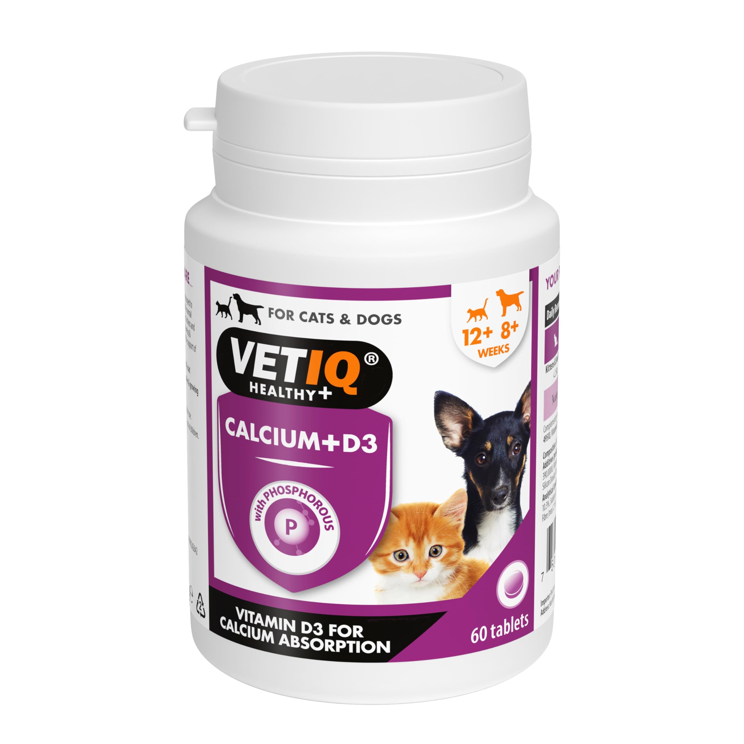 Calcium + D3 Supplement for Cats & Dogs with Phosphorus, Calcium for Bones & Teeth & D3 For Easy Calcium Absorption, 60 Tablets (Pack of 1)