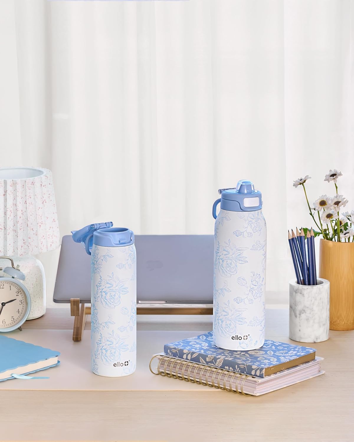 Ello Pop & Fill Stainless Steel Water Bottle with Quick Fill Technology, Double Walled Vacuum Insulated Metal, Leak Proof Locking Lid, Sip & Chug, BPA Free, Holiday Gift for Him Her, 22oz, 32oz, 40oz 32oz Porcelain Rose