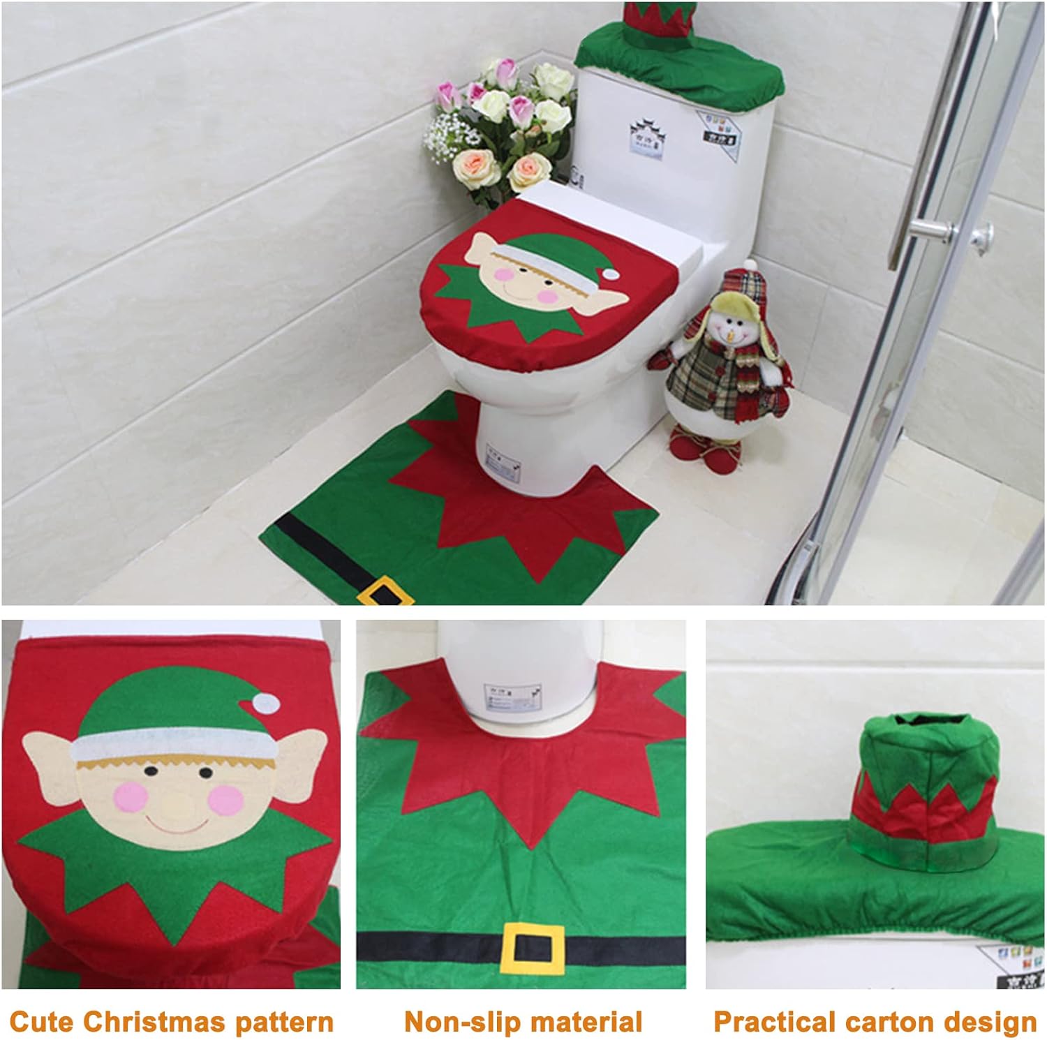 Morobor Christmas toilet cover, Bathroom Toilet Seat Pad, Water Tank Cover and Tissue set, Green