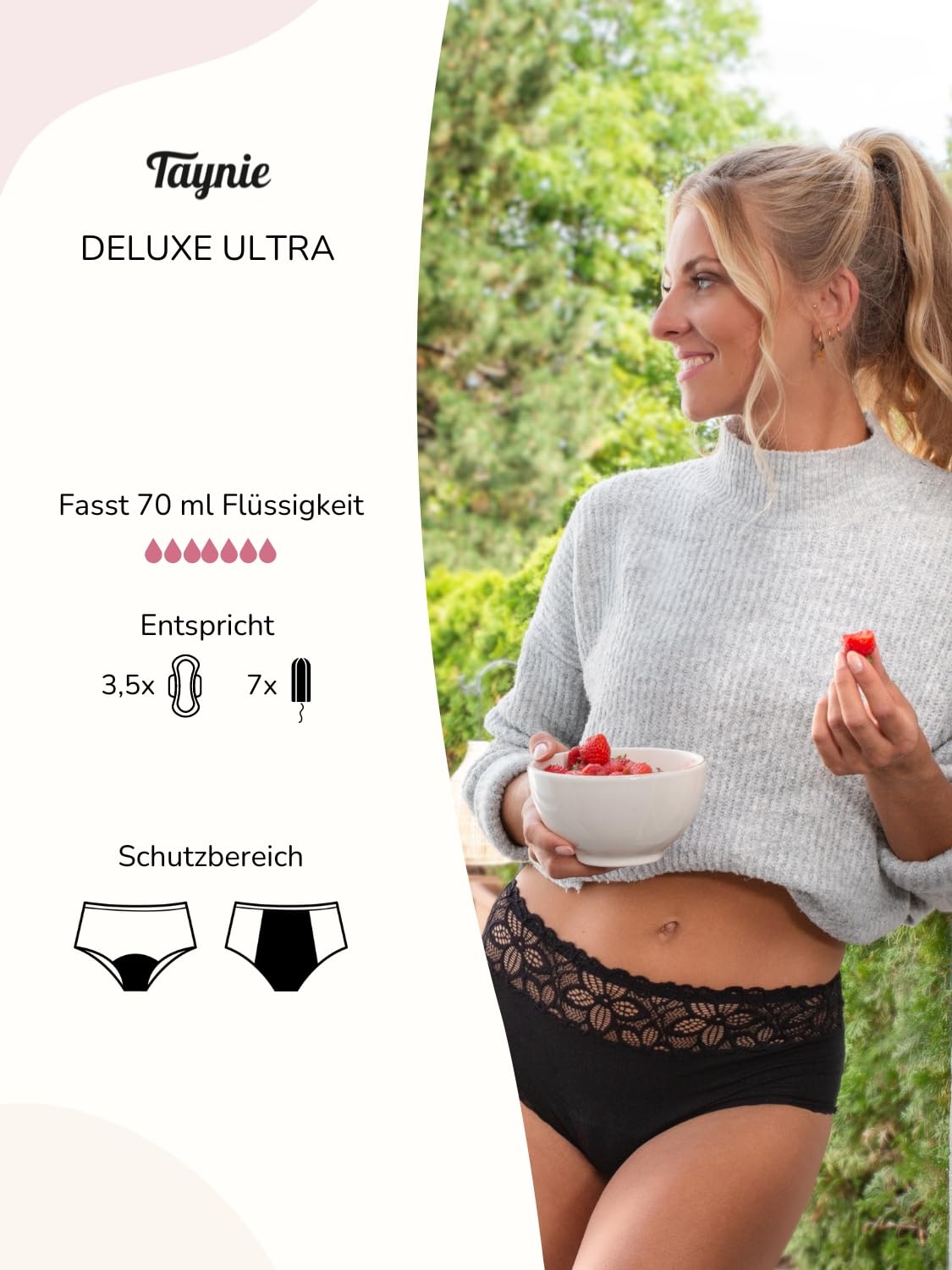 Taynie Biancheria intima deluxe ultra periodica, slip per periodi a prova di perdite e traspiranti, prima biancheria intima mestruale della Germania, sostituisce 6-7 tamponi, durata fino a 12 ore