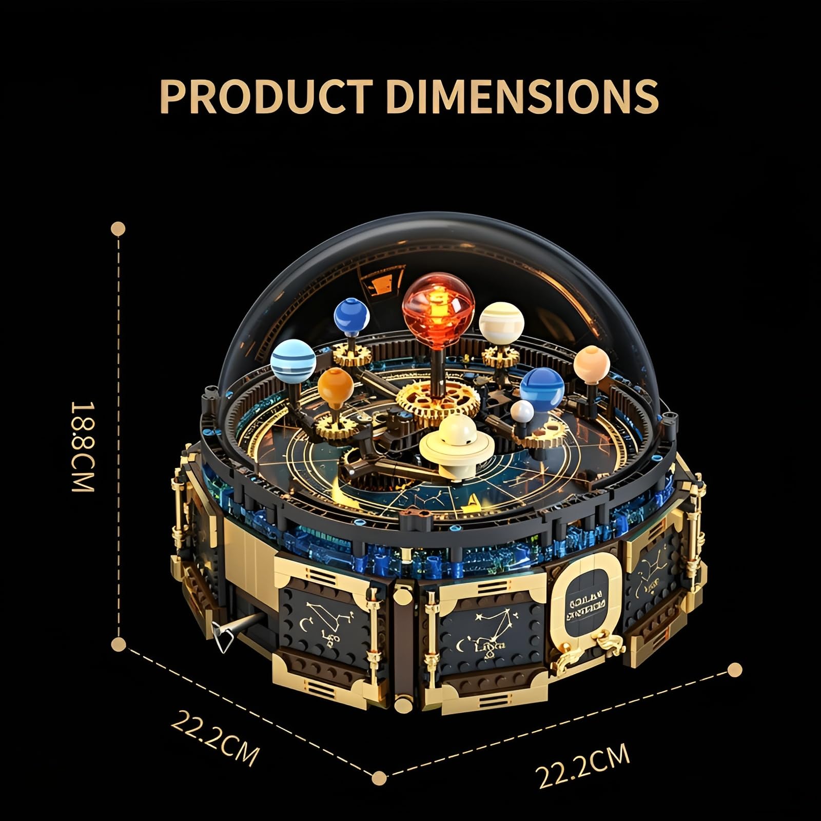 Technick Solar System Orrery Bausatz, 989Teile Rotierendes Planetenmodell mit Spieluhr, Astronomische Kuppelausstellung, Vintage Kosmische Deko, Kreative Geschenke für Weltraum-Enthusiasten