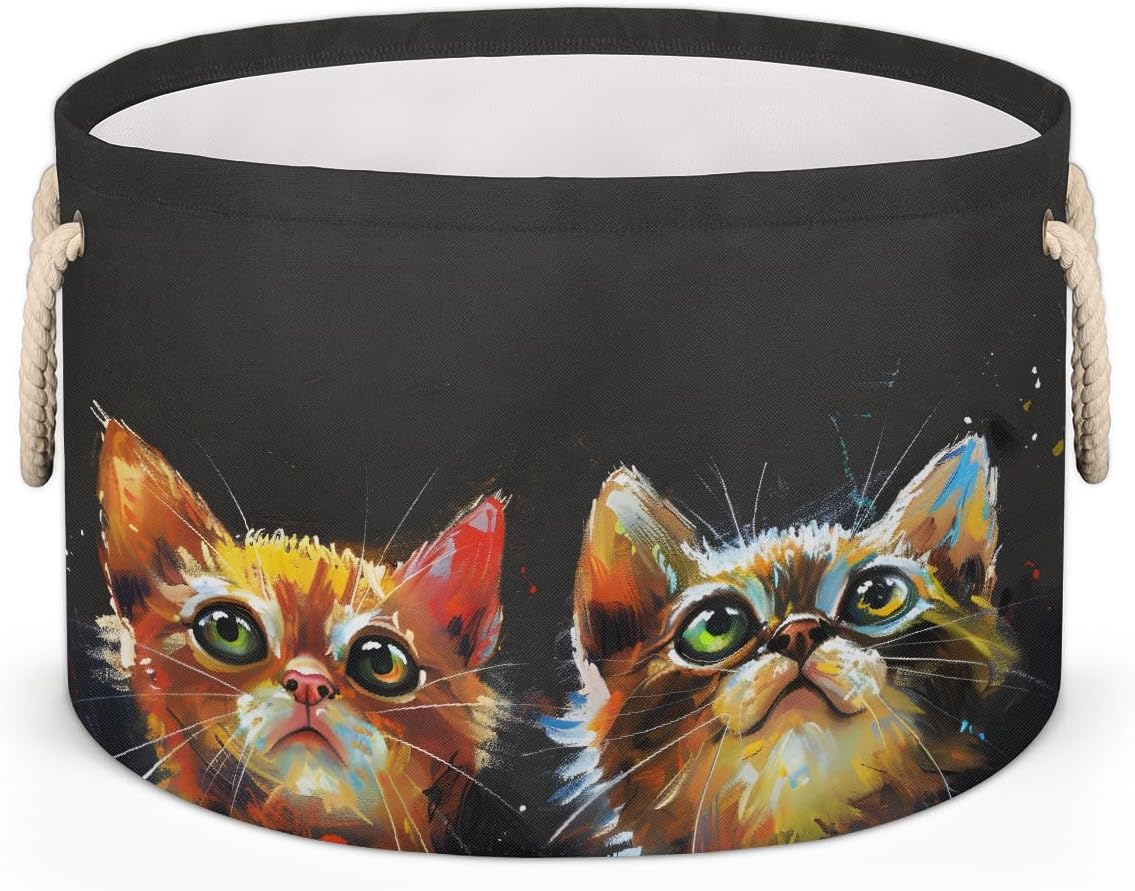 Large Round Laundry Basket Cute Cat Art Toy Bins Organizers and Storage for Girls Canvas Collapsible Blanket Storage Basket Laundry Hamper Gift Baskets Bedroom Clothes Children Nursery