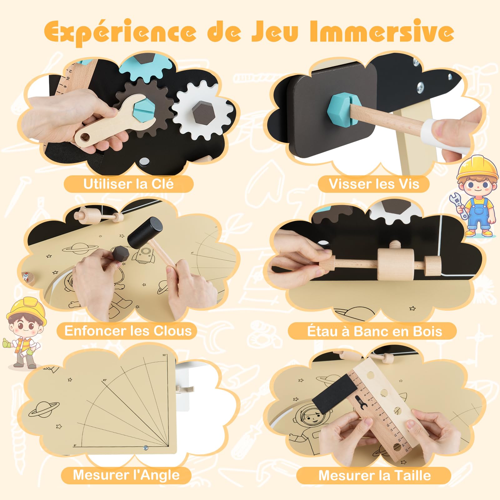 COSTWAY Établi Enfant avec Outils et Accessoires, Atelier Bricolage Enfant en Bois avec Étagères de Rangement, Tableau Noir, Horloge, Marteau, Tournevis, pour Garçons et Filles de 3+ Ans