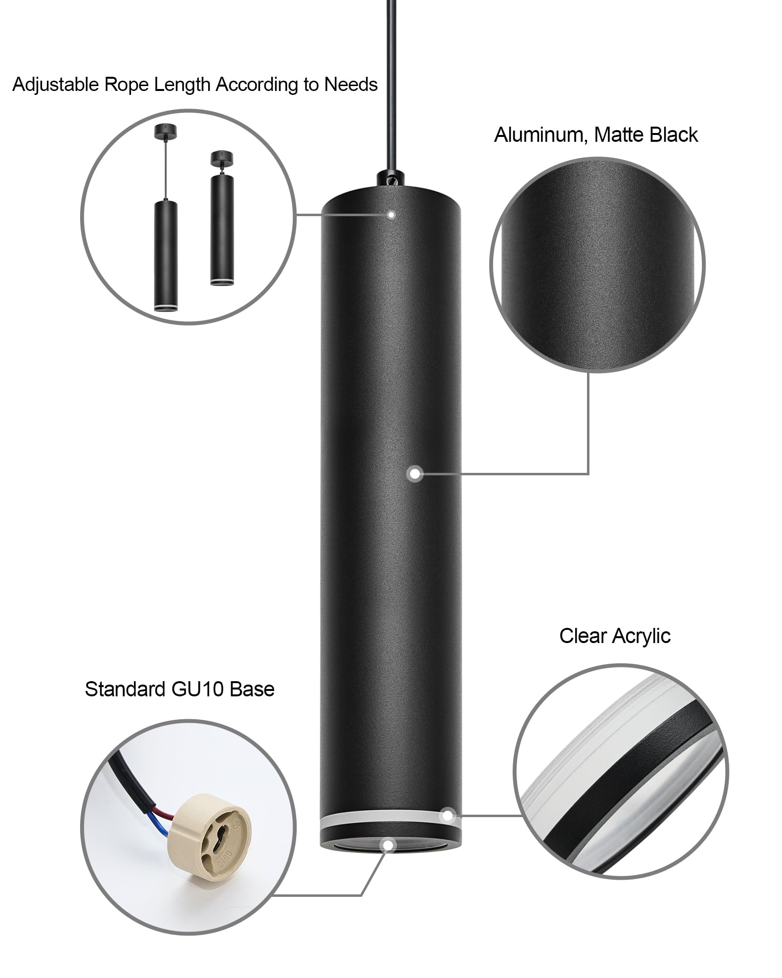 Pendelleuchte Modern Zylinder Schwarz Hängelampe, Hängeleuchte Höhenverstellbar Aluminium Kronleuchter mit GU10 Fassung max. 60 Watt Pendellampe Deckenlampe für Wohnzimmer Schlafzimmer, 2 Stücke
