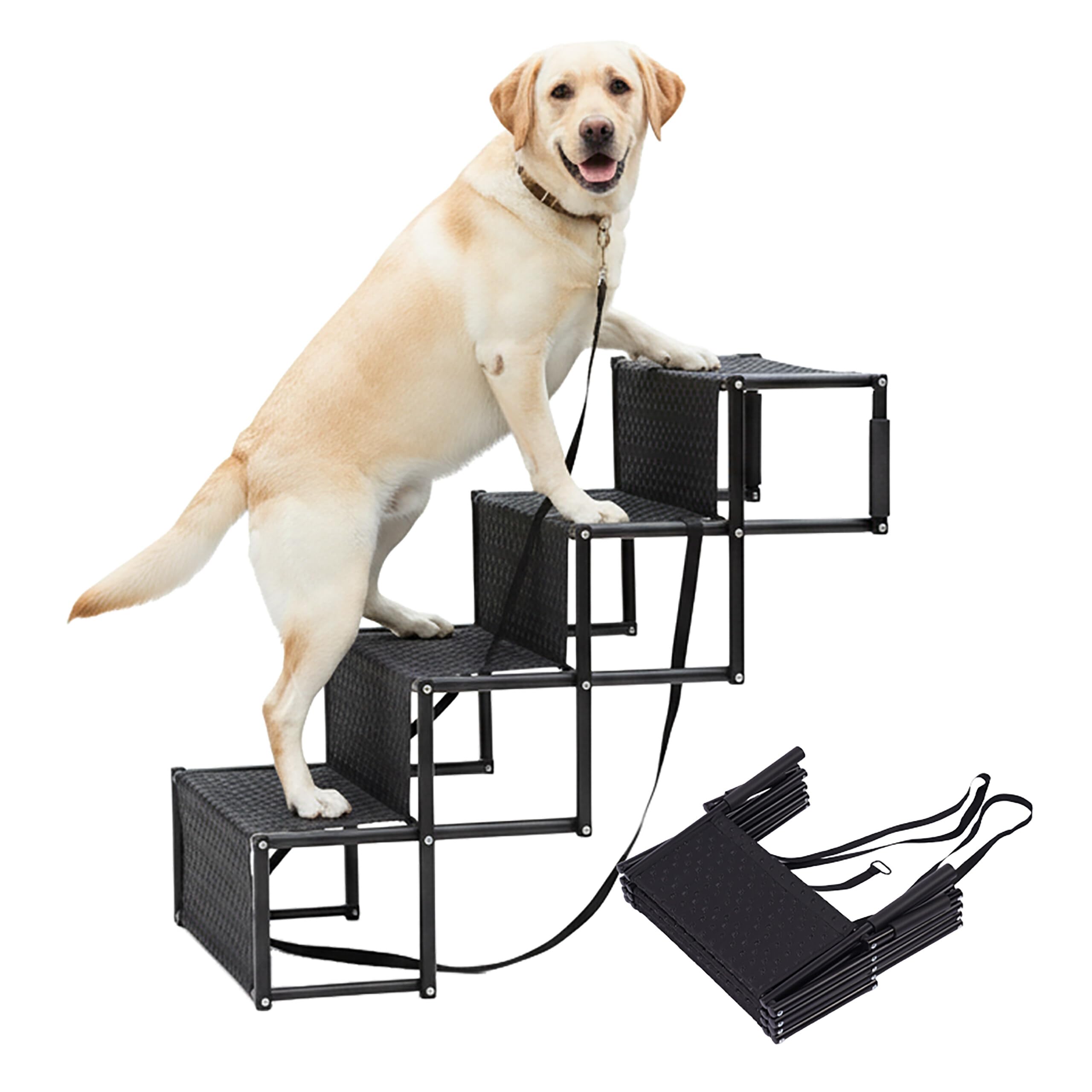 Rampa Plegable Relaxdays para Coche y Perros, 4 peldaños, Antideslizante, 76x101x45 cm, Acero y Tejido Oxford, Negro