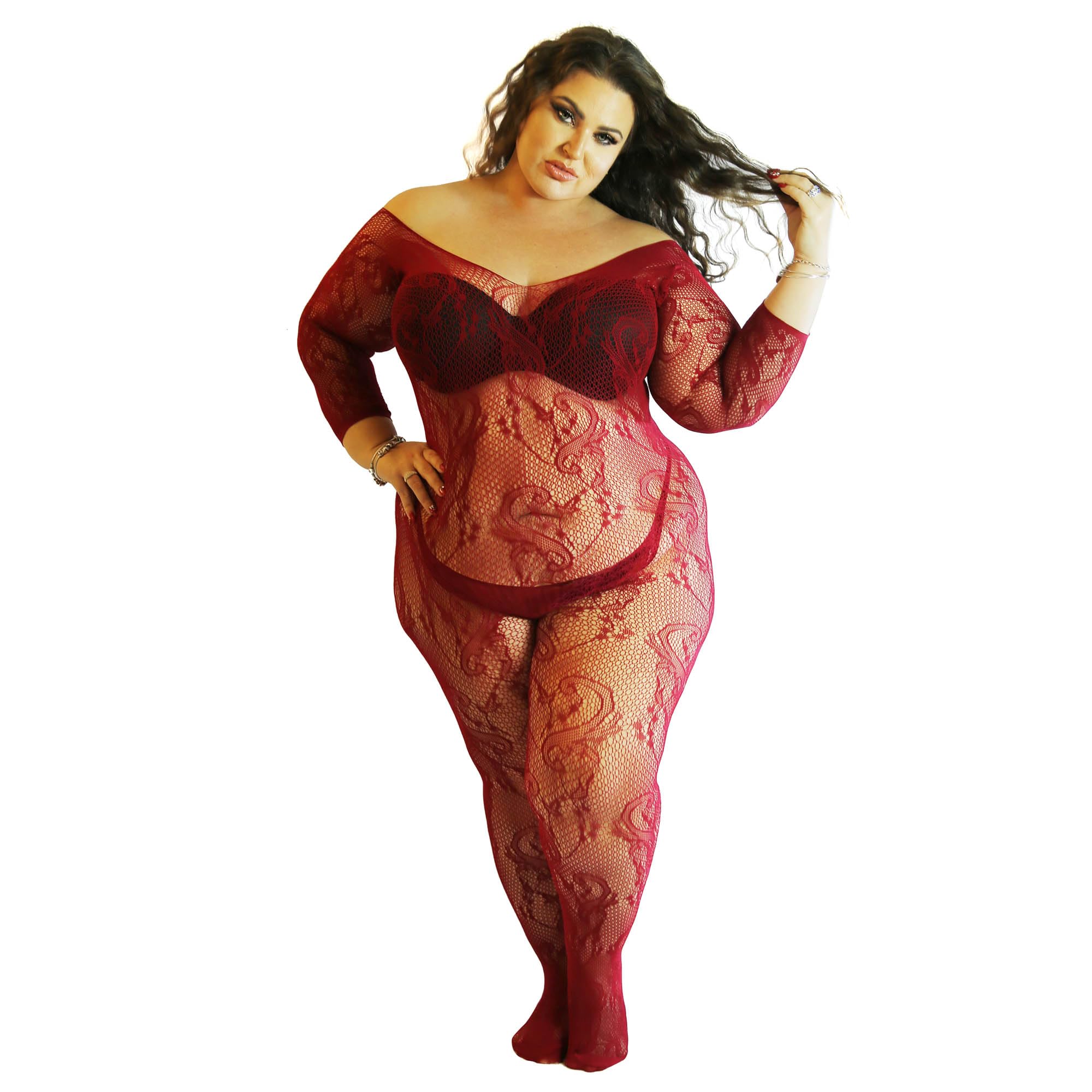 PRINCESS LACE BOUTIQUE Plunge Neckline Fishnet Catsuit Bodystocking Bodysuit Sleeved Plus Size