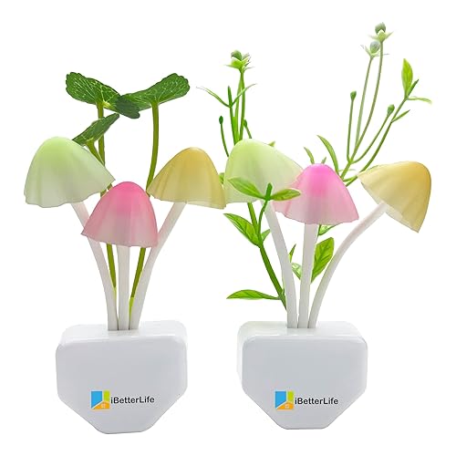iBetterLife Mushroom Sensor LED Night Light Plug-in 7 Color Changing Magic Mushroom Lamp, Mini Dream Bed Cute Colourful Nightlight for Adults Kids for Bedroom, Bathroom, Stairs, Hallway Corridor - Mushroom Night Light, Yellow Cover - Warm Yellow