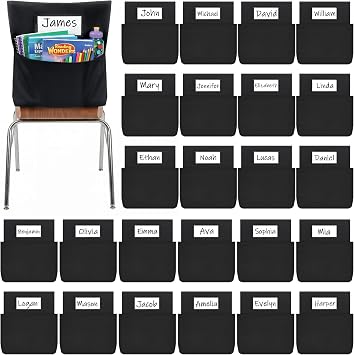 JoyCat Classroom Chair Pockets, Student Seat Storage, 24 Pack, Black | Large Capacity Chairback Buddy Organizer with Deep Pocket & Name Tag Slot, for Books, Folders & School Supplies