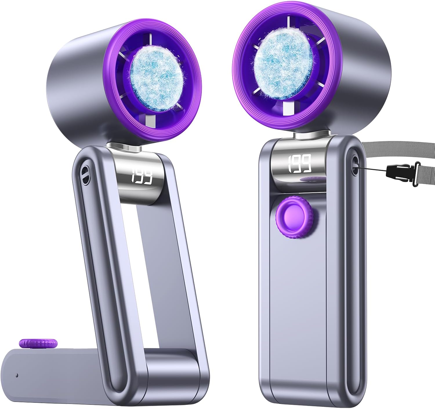 Portable Foldable Fan with Ice Cooling, 199 Speed Adjustable Handheld Fan Stand, 5500mAh Rechargeable Personal Fan with Digital Display and Lanyard, Summer Essential for Travel, Office, Outdoor,Grey