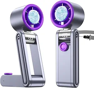 Portable Foldable Fan with Ice Cooling, 199 Speed Adjustable Handheld Fan Stand, 5500mAh Rechargeable Personal Fan with Digital Display and Lanyard, Summer Essential for Travel, Office, Outdoor, Grey