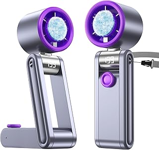 Portable Foldable Fan with Ice Cooling, 199 Speed Adjustable Handheld Fan Stand, 5500mAh Rechargeable Personal Fan with Digital Display and Lanyard, Summer Essential for Travel, Office, Outdoor,Grey