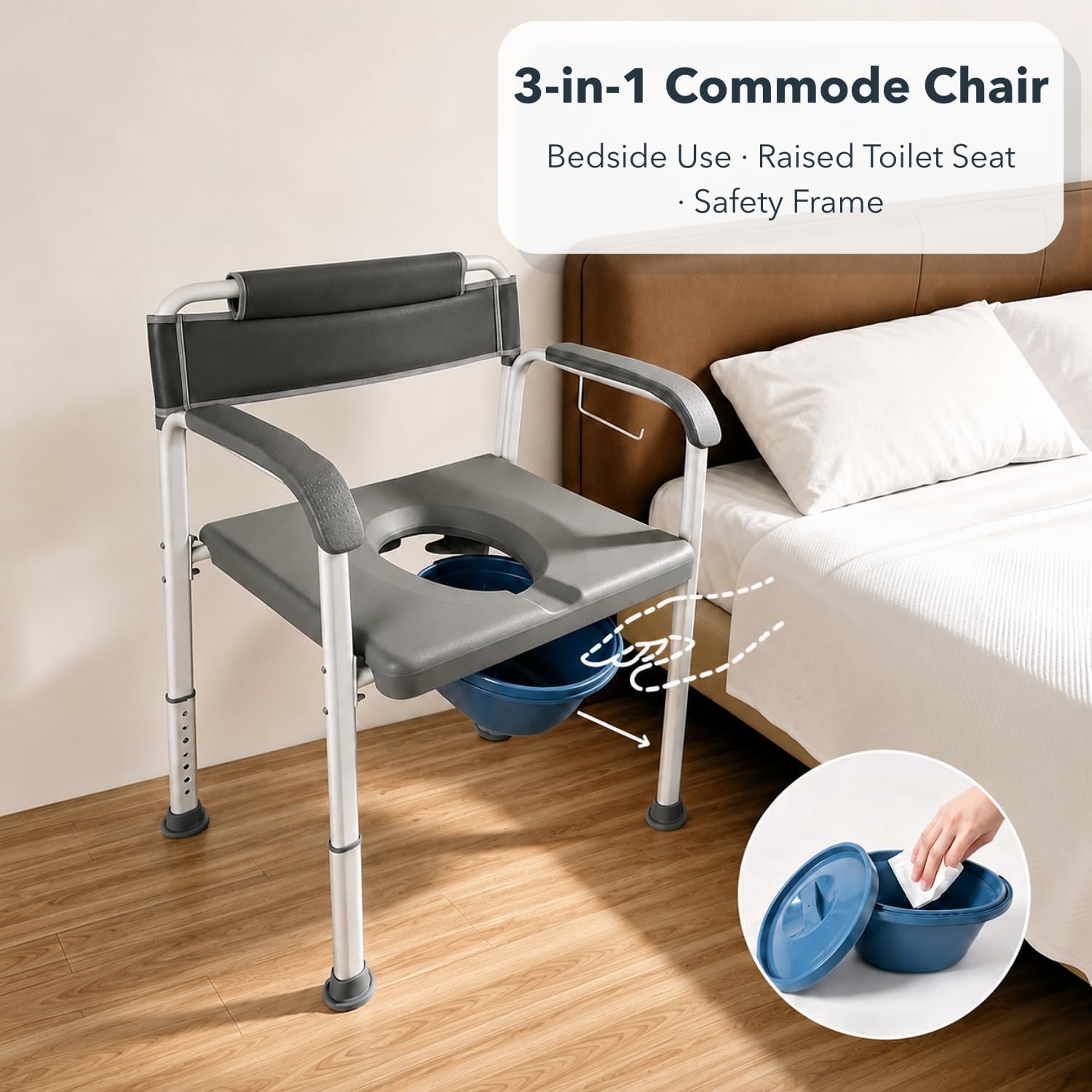 Bedside Commode Toilet with Extra Wide Seat and Backrest for Seniors, Heavy Duty 3-in-1 Commode Chair with Wide-Base Legs, 440 lb Capacity, Adjustable Height, Removable Bucket