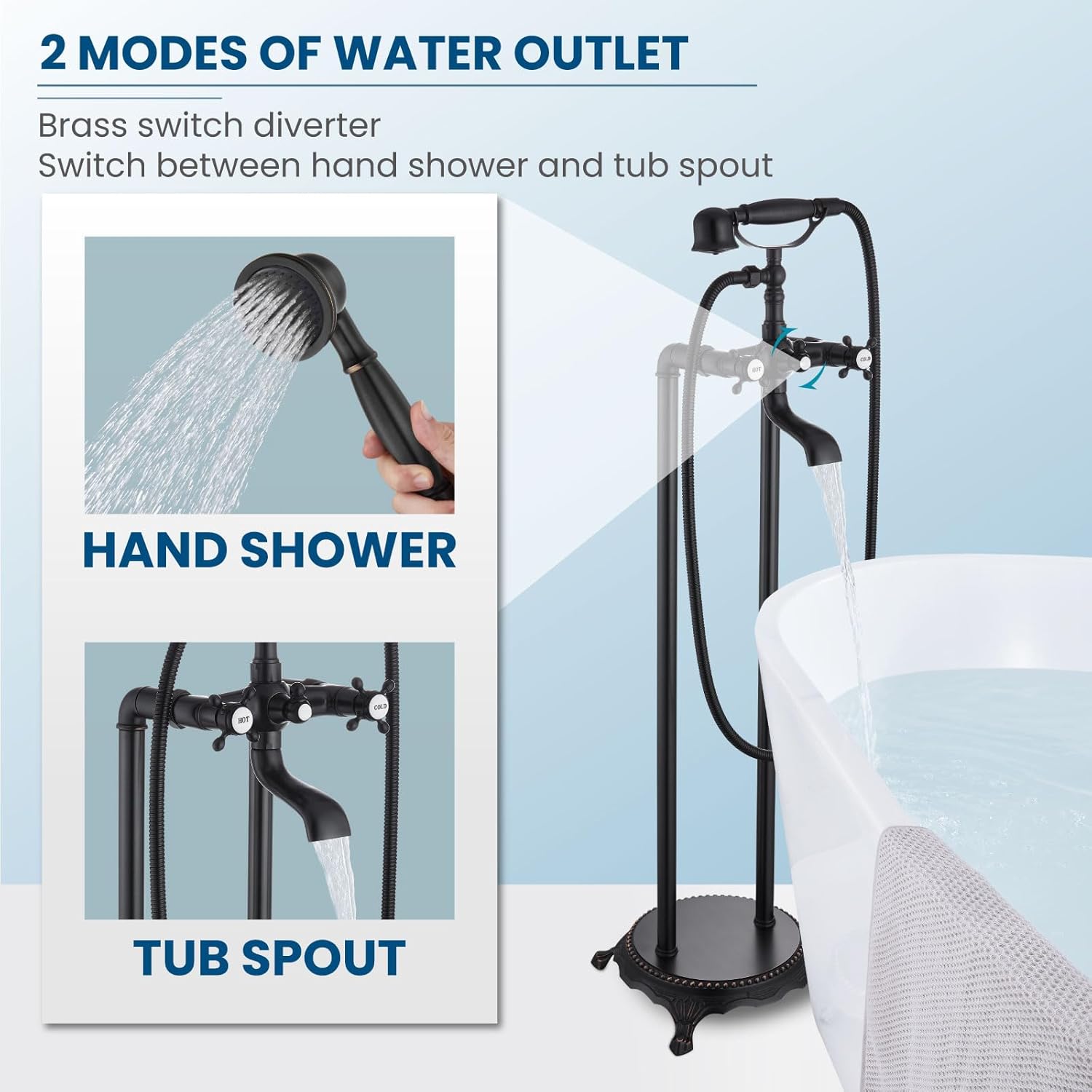 gotonovo Freestanding Bathtub Faucet Floor Mount Tub Filler with Double Cross Knobs 360° Rotation Spout High Flow Floor Standing Bathtub Shower Bell Shape Handheld Spray Oil Rubbed Bronze