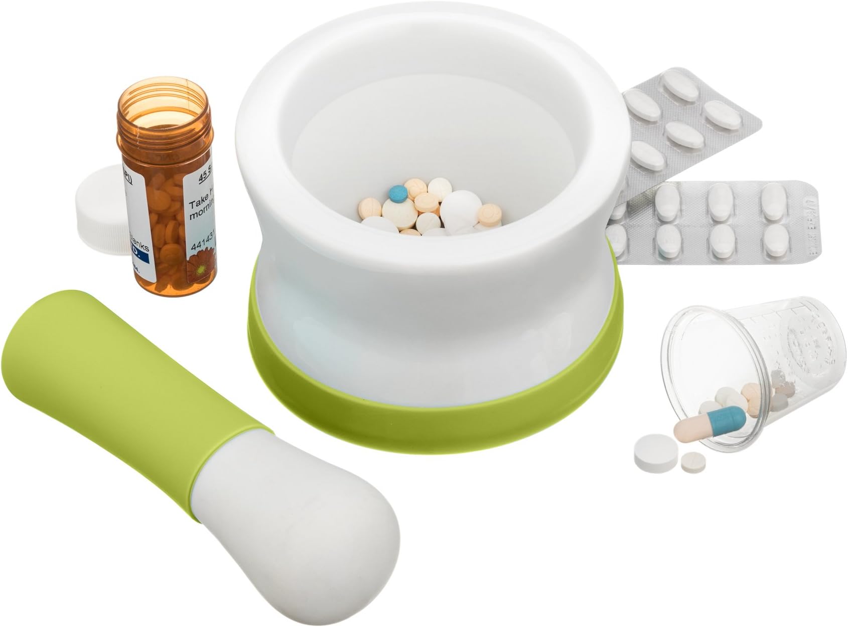 Porcelain Mortar and Pestle Set for crushing pills in chemistry or kitchen. 4.5 inch diameter. Small, unpolished ceramic and non-slip. (Green Olive)