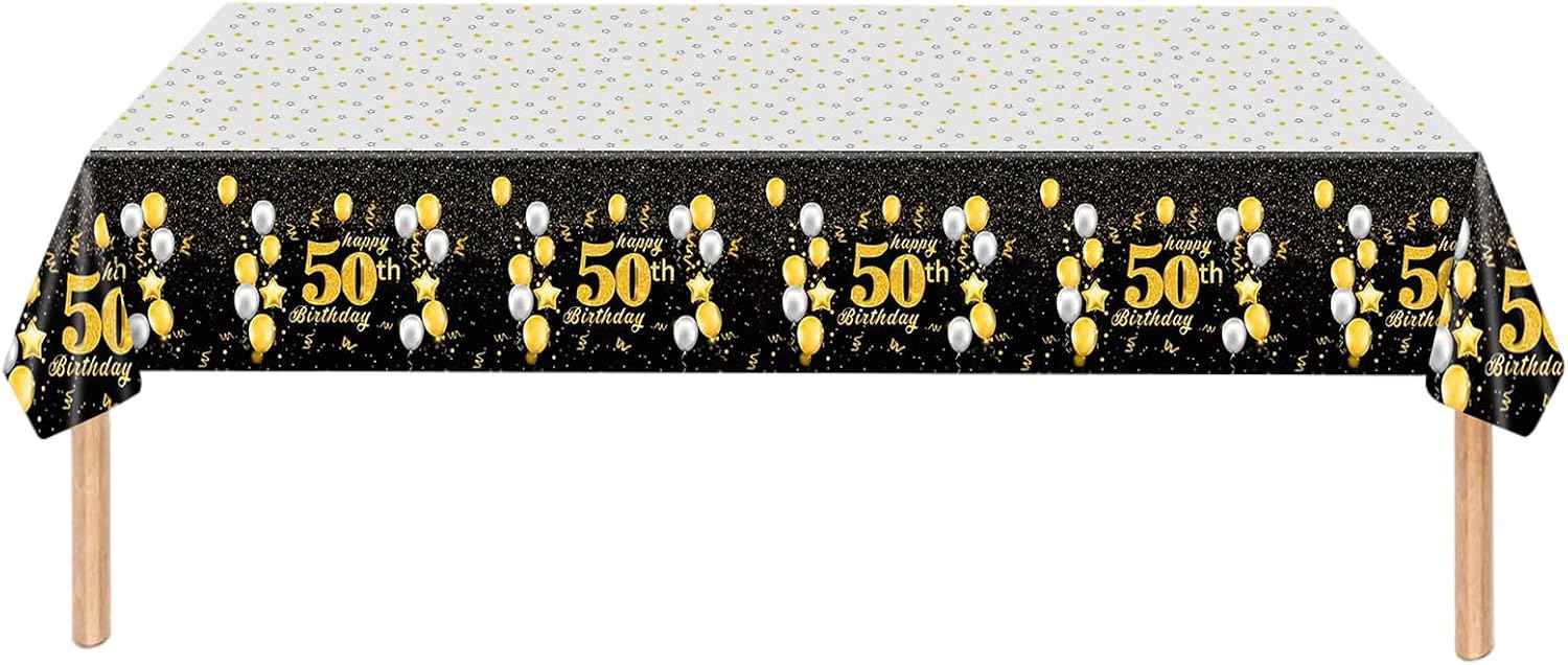 2Pcs Black Gold Happy 50th Birthday Table Cloth Cover Party for Men,Women,Him,Her,137*274cm 50th Birthday Table Decorations,Rectangular Plastic Tablecloth for 50th Birthday Party Supplies Decorations