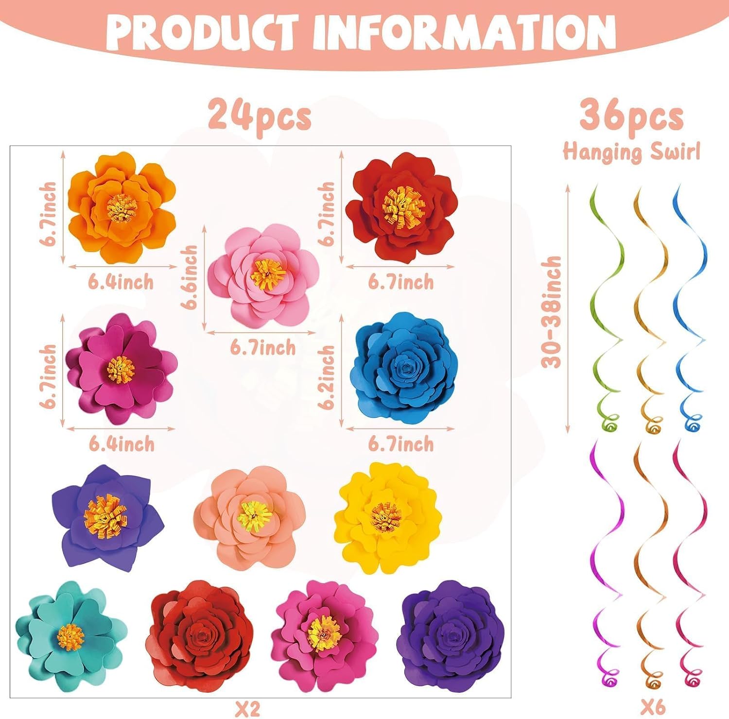 60Pcs Mexican Fiesta Party Decorations Mexican Floral Hanging Swirl Mexican Banners for Fiesta Theme Party Supplies Birthday Baby Shower Decorations（Flat Cardstock NOT 3D）
